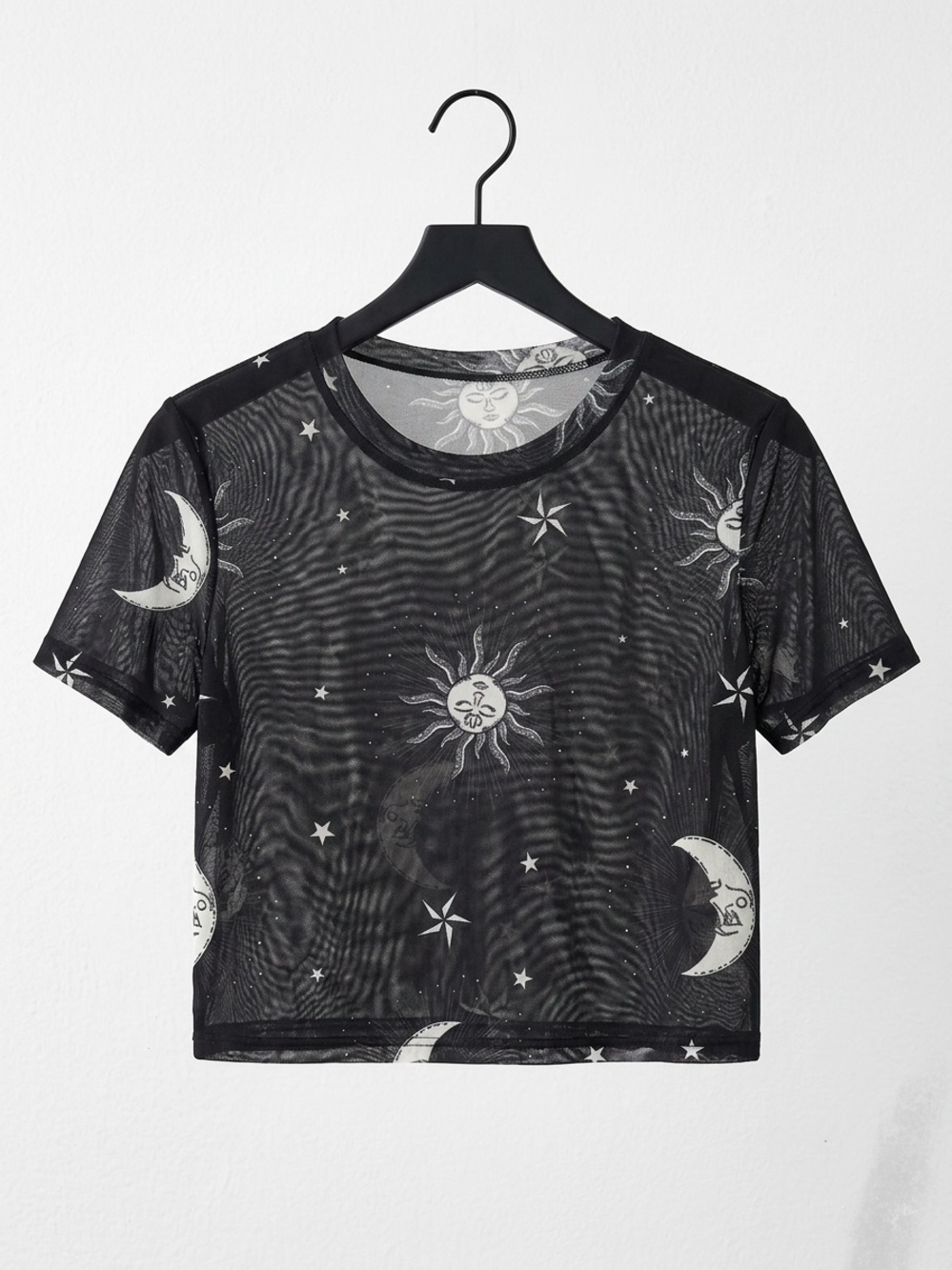 Sheer Celestial Moon & Sun Crop Top - Black